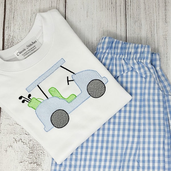 Golf Cart Monogram Short Set, Boy Golf Shirt, Golf Shorts and Shirt,Girl Golf Cart with Name