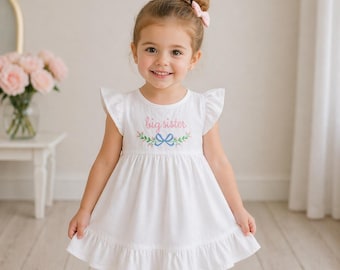 Big Sister Dress, Baby Announcement, , Newborn Photo, Embroidered Flowers
