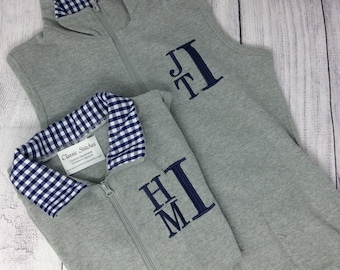 Boys Fall Knit Vest, Contrasting Gingham Collar, Monogrammed Boy Vest, Personalized Toddler Vest, Gray Knit