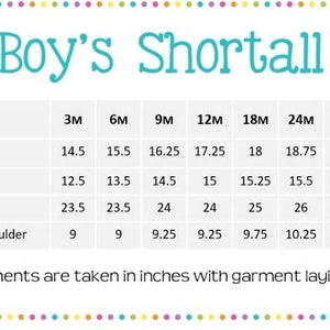 Puede incluir: Un gr&aacute;fico que muestra las medidas de tama&ntilde;o en pulgadas para un shortall de ni&ntilde;o en tallas de 3 meses a 3T. El gr&aacute;fico incluye medidas de longitud, longitud de la entrepierna, ancho y de hombro a hombro.