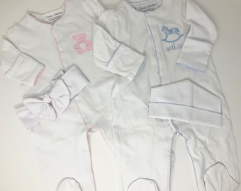 Coming Home Footie, Sleeper, Monogram Newborn Outfit, New Baby Gift, Pima Cotton, embroidered rocking horse, teddy bear, matching bow