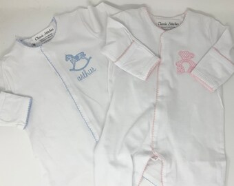 Coming Home Footie, Sleeper, Monogram Newborn Outfit, New Baby Gift, Preemie Size, Pima Cotton, embroidered rocking horse, teddy bear