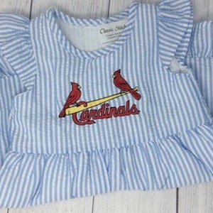 Cardinals Girl Ruffle Dress, Baseball Theme. Birds on Bat