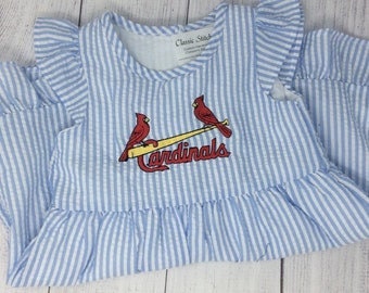 Cardinals Girl Ruffle Dress, Baseball Theme. Birds on Bat