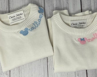 Classic Crewneck Monogram Sweater, Mouse Design, Spring Lightweight Sweater, Sibling Match, Twin Match