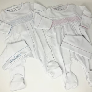 Coming Home Footie, Smocked Sleeper, Monogram Newborn Outfit, New Baby Gift, Preemie Size, Pima Cotton image 5
