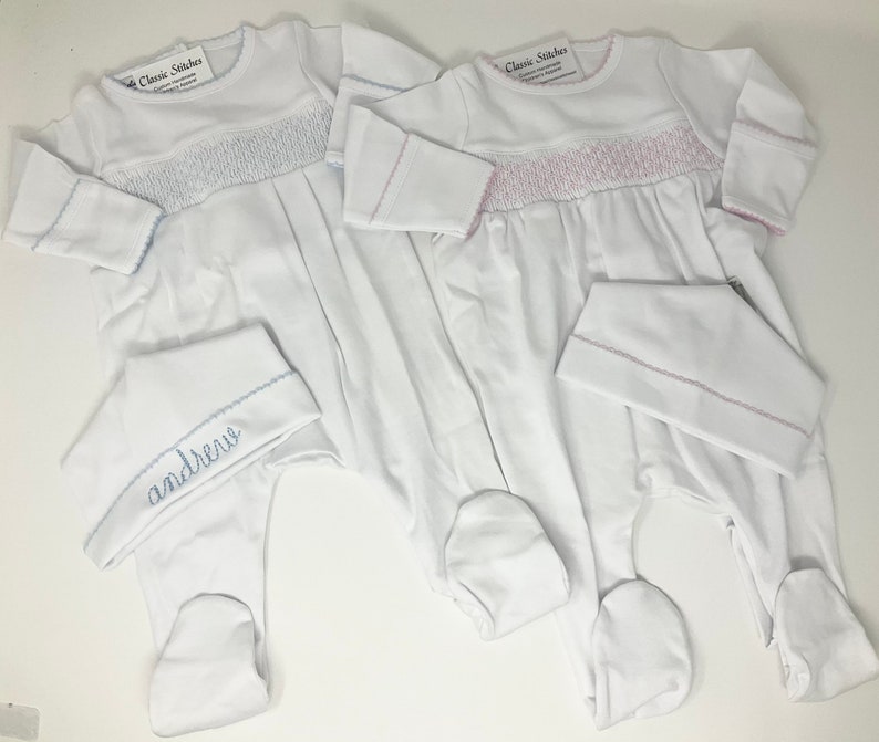 Coming Home Footie, Smocked Sleeper, Monogram Newborn Outfit, New Baby Gift, Preemie Size, Pima Cotton image 5