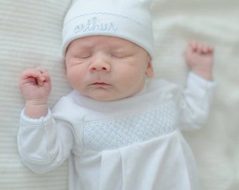 Coming Home Footie, Smocked Sleeper, Monogram Newborn Outfit, New Baby Gift, Preemie Size, Pima Cotton