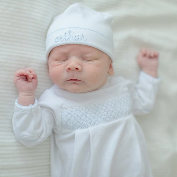 Coming Home Footie, Smocked Sleeper, Monogram Newborn Outfit, New Baby Gift, Preemie Size, Pima Cotton