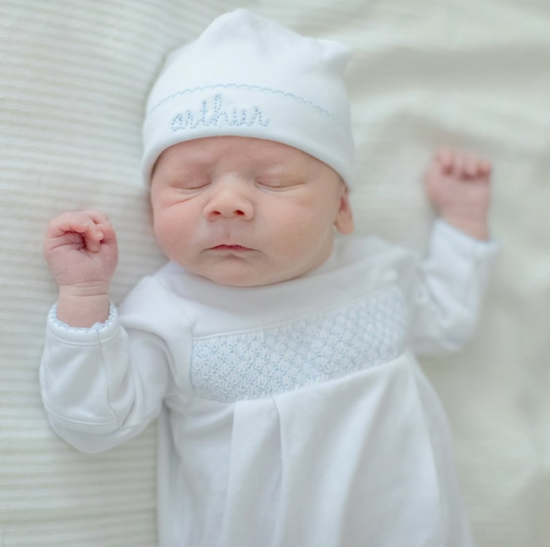 Coming Home Footie, Smocked Sleeper, Monogram Newborn Outfit, New Baby Gift, Preemie Size, Pima Cotton image 1