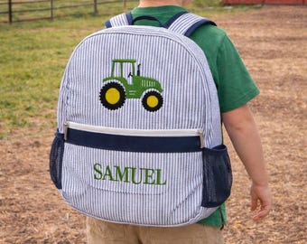 Seersucker Backpack, Duffle Bag, Sports Bag, Personalized, Embroidery, Kids Sleepover Bag, Seersucker Kids Travel, Matching Set, Tractor