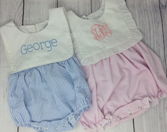 Boy Girl Sunsuit Romper, White Collar for Monogram Boy, Matching Twin Sibling, Summer Beach Sunsuit