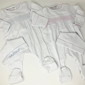 Coming Home Footie, Smocked Sleeper, Monogram Newborn Outfit, New Baby Gift, Preemie Size, Pima Cotton