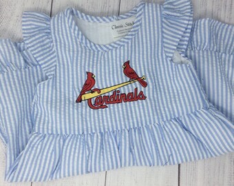 St. Louis Cardinals Seersucker Dress,  Blue Seersucker with ruffle