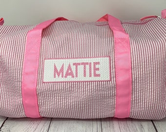 Smocked Name Seersucker Backpack, Duffle Bag,Ballet Bag, Kids Sleepover Bag, Kids Travel, Matching Luggage Set, Girl Pink,