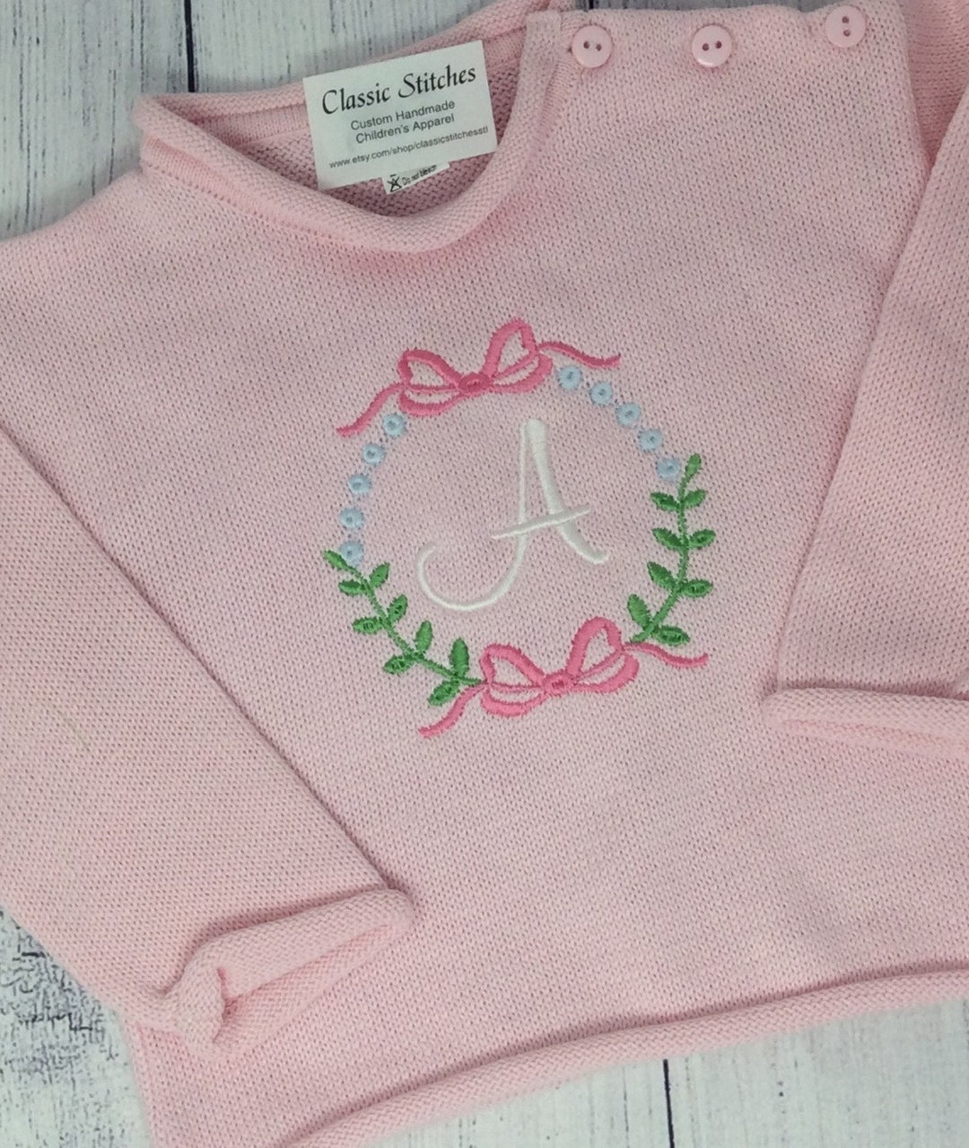 Pink Floral Sweater, Monogram, Button Shoulder, Girl, Child's Sweater
