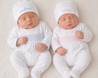 Coming Home Footie, Smocked Sleeper, Monogram Newborn Outfit, New Baby Gift, Preemie Size, Pima Cotton