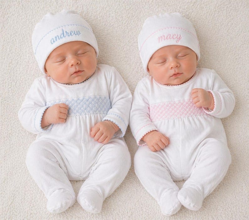 May include: Two sleeping babies wearing white onesies and matching hats. One hat says "andrew" in blue script, the other says "macy" in pink script. The onesies have a decorative band across the chest, blue on one and pink on the other.