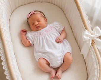 Smocked White Baby Sister Bubble, Pink Smocking, Matching Big Sister