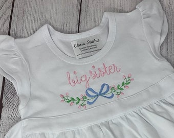 Big Sister Dress, Baby Announcement, , Newborn Photo, Embroidered Flowers