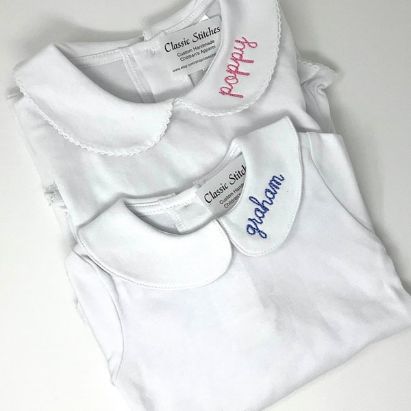 Monogram Shirt, Peter Pan Collar Shirt/ Short Sleeved KNIT/Boy Knit Shirt, Baby Peter Pan Unisex Bodysuit, Name on Collar