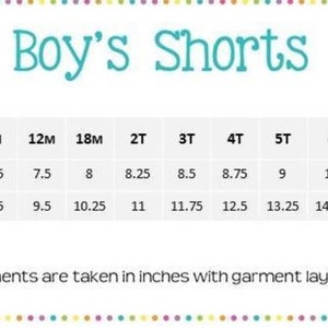 May include: A chart titled "Boy's Shorts" with waist and length measurements in inches for sizes 6M to 8. The waist measurements range from 7.25 to 11 inches, and the lengths range from 8.25 to 16 inches.