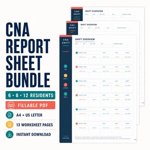 Peut inclure: Un ensemble de feuilles de rapport CNA comprenant des modèles PDF remplissables pour 6, 8 et 12 résidents. Les documents incluent des sections de vue d'ensemble des quarts de travail avec des champs pour la date, l'unité et l'infirmier superviseur.