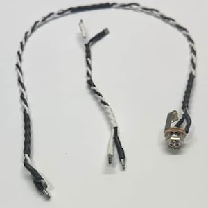 May include: A black, white, and silver audio cable with a 1/4 inch jack and two male RCA connectors. The cable is twisted with black and white strands. The jack is silver and has a metal clip.