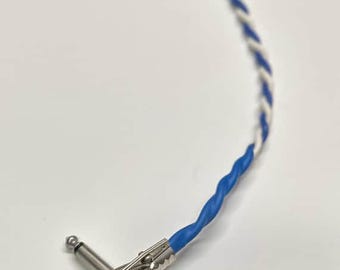 Vintage Style Patch Cable Cord, Dual / Double 1/4” Right Angle Pancake Jacks, 18AWG, Blue/White, ~ 1.5' / 18", Attenuator, Pedal Board