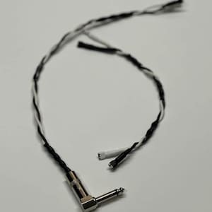 May include: An angled audio cable with a silver-colored plug and black and white braided wires. The cable has two separate wire ends. The plug is a quarter-inch connector, commonly used for musical instruments and audio equipment.