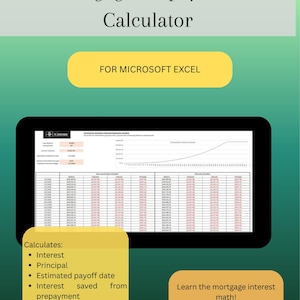 May include: A digital display shows a mortgage prepayment calculator for Microsoft Excel. The screen displays a financial schedule with calculations for interest, principal, estimated payoff date, and interest saved from prepayment. The text "Learn the mortgage interest math!" is also visible.