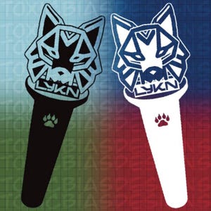May include: Two stylized wolf-head light sticks, one black and one white, with the text "AKA LYN" on the base. Each stick has a paw print on the handle. The background is a gradient of blue, red, and green.