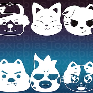 May include: A collection of six white cartoon cat and dog faces with various expressions. One wears a cap, another has a heart, and another wears sunglasses. The background has the text "Toxicbias" repeated.