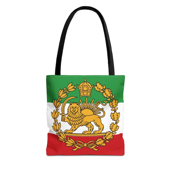 Iranian Large Lion and Sun with Crown Emblem Tote Bag | Persian Lion and Sun Flag Colors, AOP