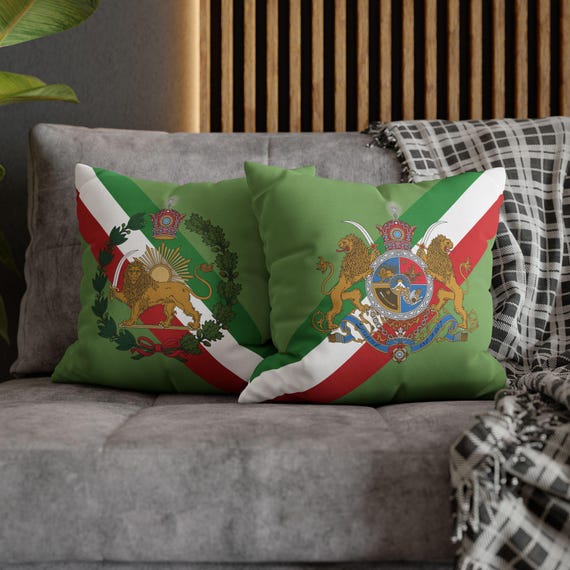 Persian Throw Pillow Cover | Couch Cushion Cover | Pistachio | Pahlavi Emblem | Lion and Sun | Tricolor pattern