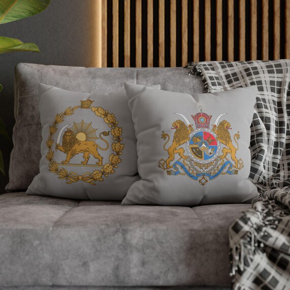 Persian Throw Pillow Cover | Couch Cushion Cover | Light Grey | Pahlavi Emblem | Lion and Sun