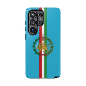 May include: A light blue smartphone case featuring a vertical tricolor stripe of red, white, and green in the centre. Overlaid on the stripes is a gold lion holding a sword, surrounded by a green wreath and topped with a crown.