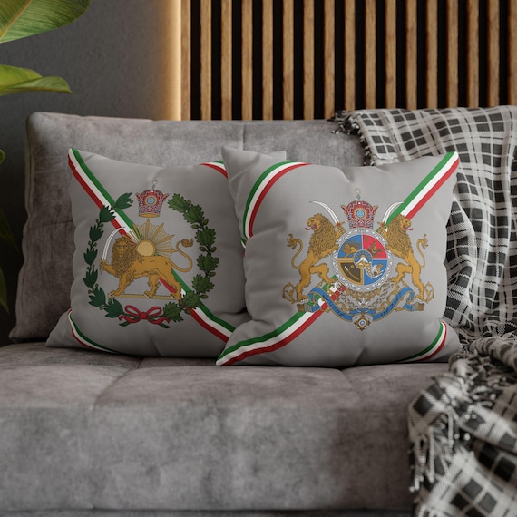 Persian Throw Pillow Cover | Couch Cushion Cover | Light Grey | Pahlavi Emblem | Lion and Sun | Tricolor pattern