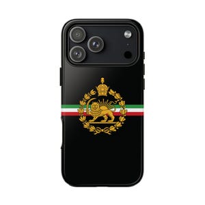Könnte beinhalten: Schwarze Smartphone-Hülle mit dem iranischen Emblem. Das Design umfasst ein goldenes Löwen- und Kronen-Emblem, einen horizontalen Streifen in Rot, Weiß und Grün und ein glänzendes Finish.