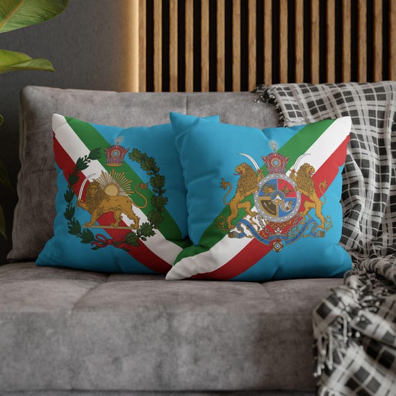 Persian Throw Pillow Cover | Couch Cushion Cover | Turquoise | Pahlavi Emblem with Lion and Sun | Tricolor pattern