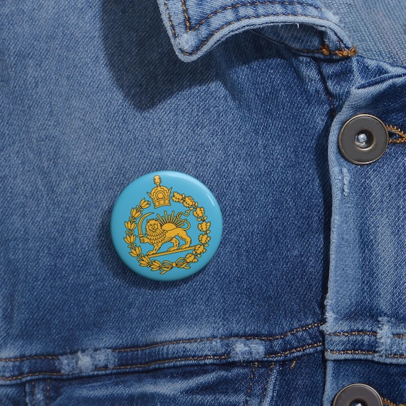 Iran Lion and Sun with Crown Royal Turquoise Emblem Pin Button