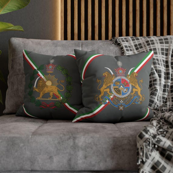 Persian Throw Pillow Cover | Couch Cushion Cover | Dark Grey | Pahlavi Emblem | Lion and Sun | Tricolor pattern