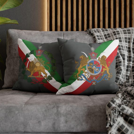Persian Throw Pillow Cover | Couch Cushion Cover | Dark Grey | Pahlavi Emblem | Lion and Sun | Tricolor pattern