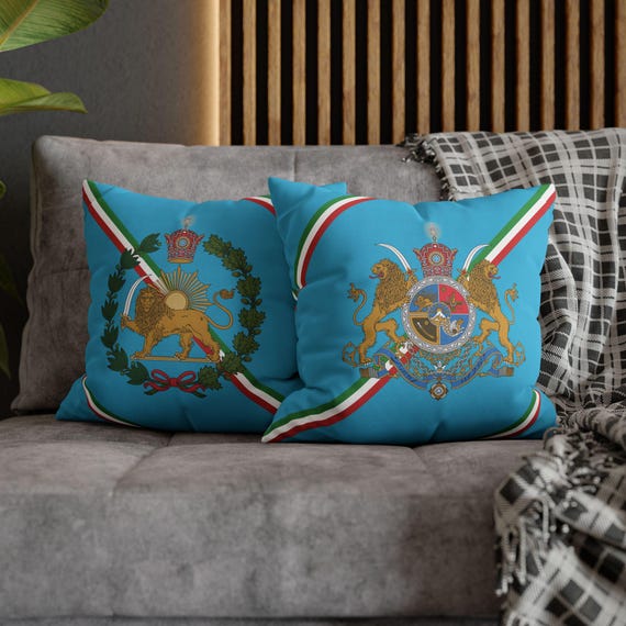 Persian Throw Pillow Cover | Couch Cushion Cover | Turquoise |  Pahlavi Emblem | Lion and Sun | Tricolor pattern