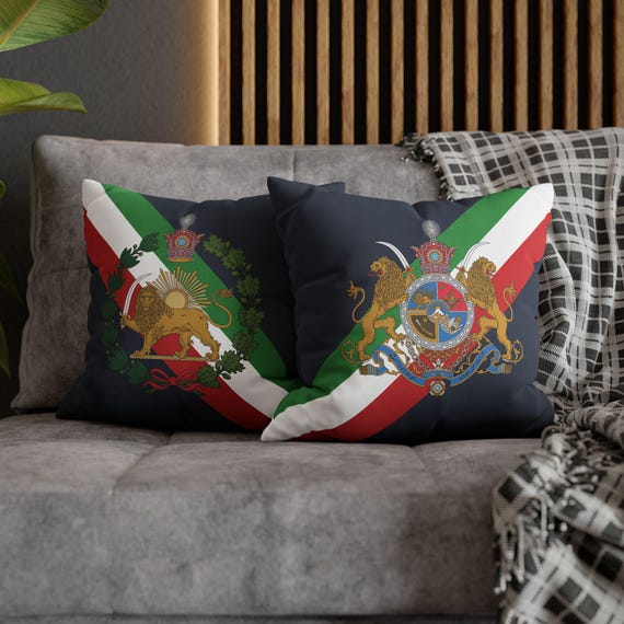 Persian Throw Pillow Cover | Couch Cushion Cover | Midnight Club | Pahlavi Emblem | Lion and Sun | Tricolor pattern