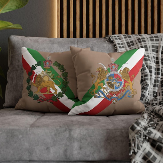 Persian Throw Pillow Cover, Couch Cushion Cover | Taupe | Pahlavi Emblem | Lion and Sun | Tricolor pattern