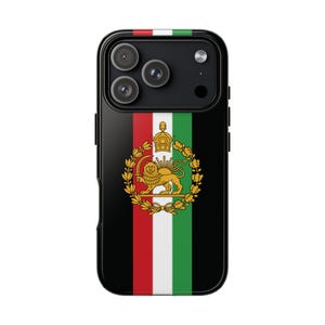 Irans flagga iPhone-skal | Kejserligt lejon och sol med krona | Svart tufft skal | Vertikal flagga