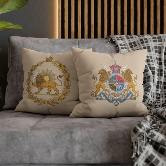 Persian Throw Pillow Cover | Couch Cushion Cover | Champagne Silk | Pahlavi Emblem | Lion and Sun