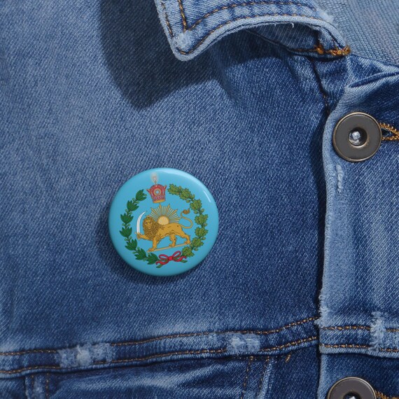 Iran Lion and Sun with Crown Pahlavi Dynasty Royal Turquoise Emblem Pin Button