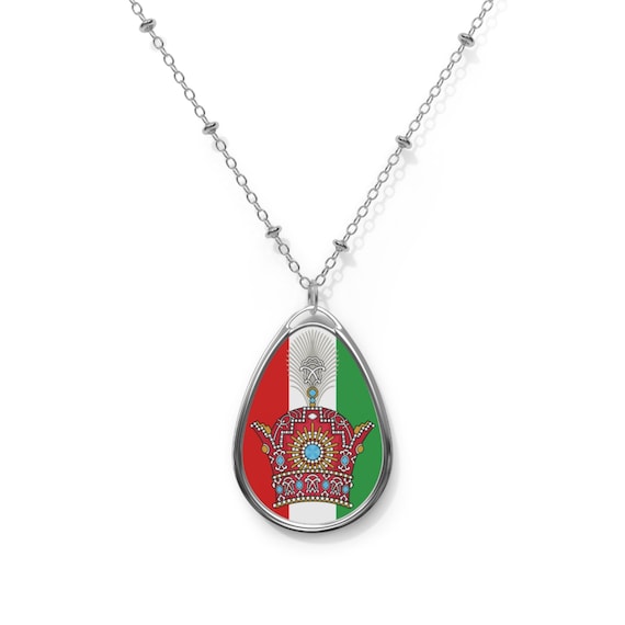 Pahlavi Crown Oval Necklace | Teardrop Pendant, Regal Jewelry |  red green white